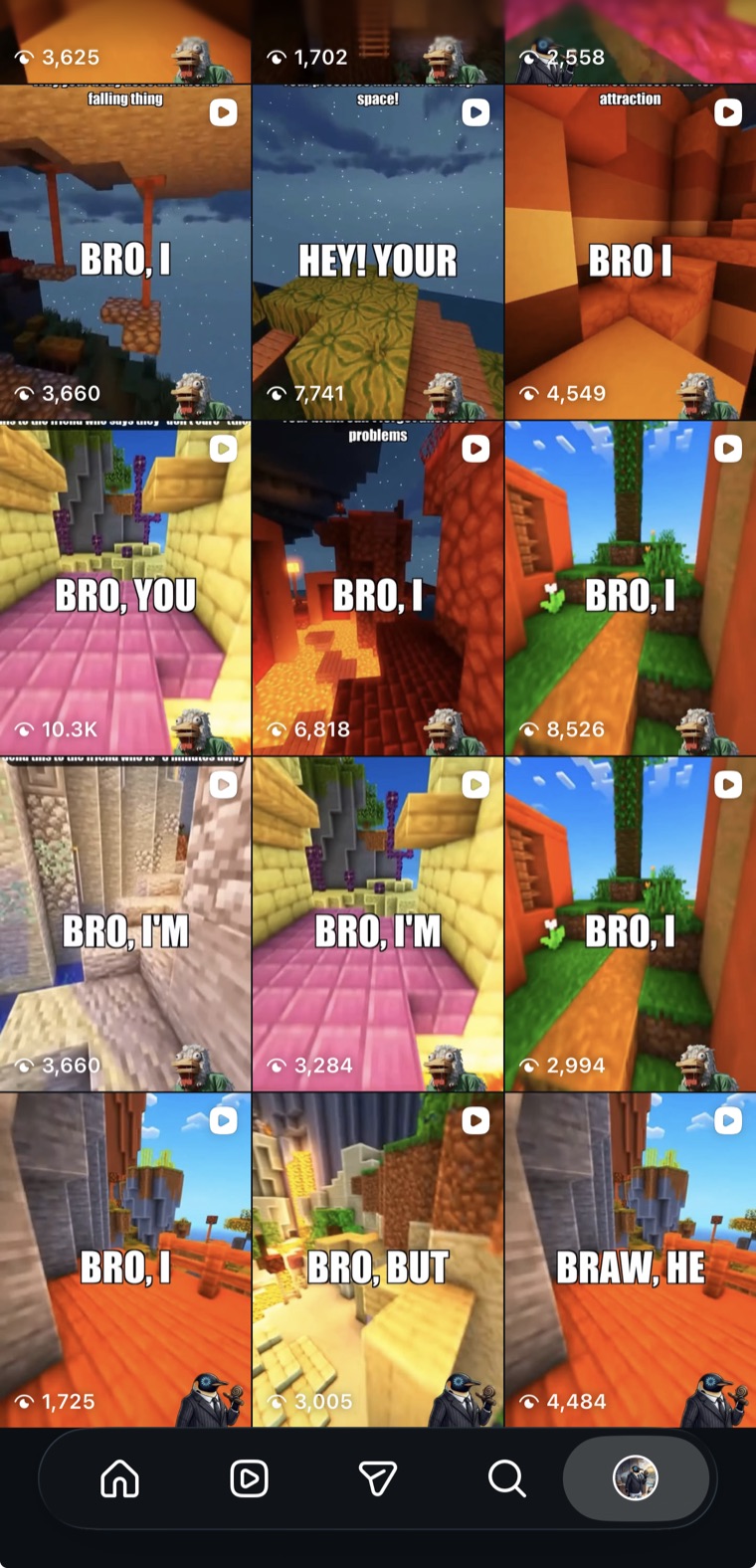 The Instagram profile grid of published videos, with view counts ranging from about 1,700 to 10,300
