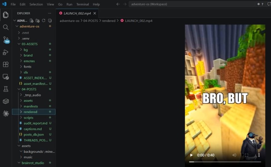 The pipeline project open in VS Code, showing the asset and post folders beside a finished captioned video