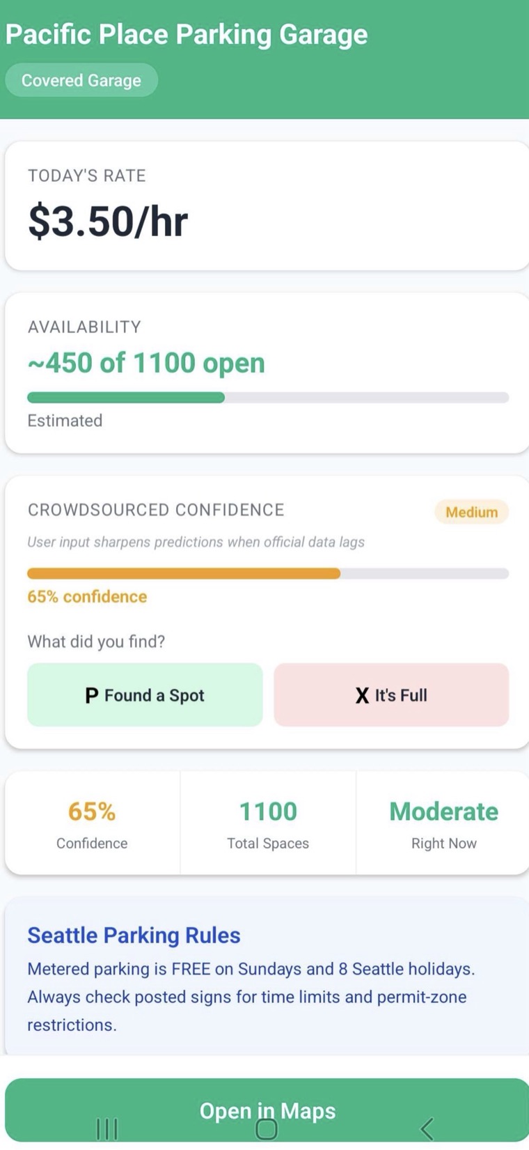 SeaPark garage detail for Pacific Place showing the hourly rate, estimated availability, and a crowdsourced confidence score with report buttons