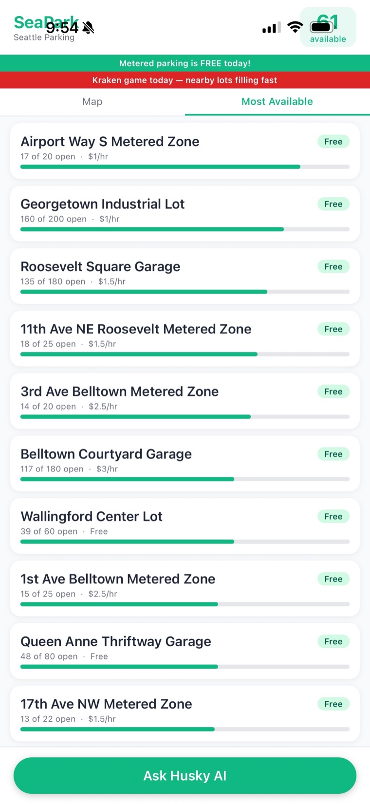 SeaPark most-available list showing lots and metered zones with open spaces and hourly rates