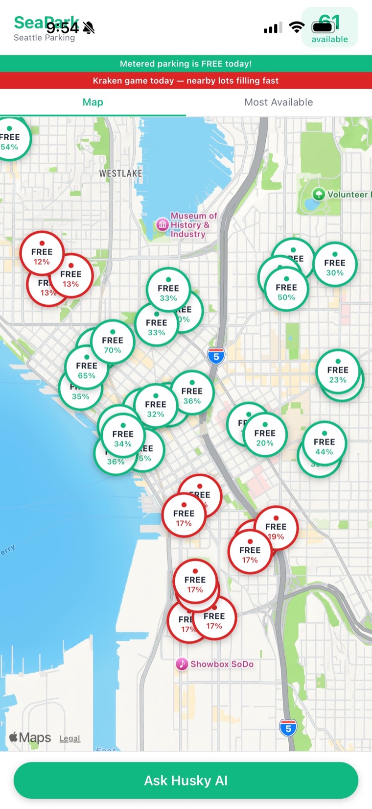 SeaPark map of downtown Seattle with colour-coded availability pins across parking zones