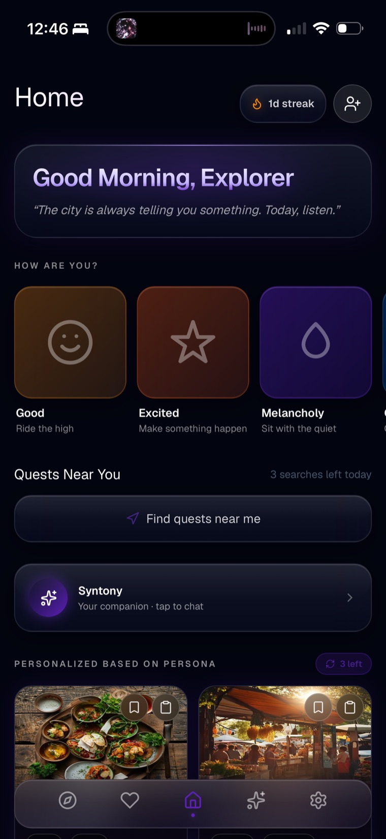 Syntony home screen with a daily greeting, a mood picker, and nearby quest suggestions
