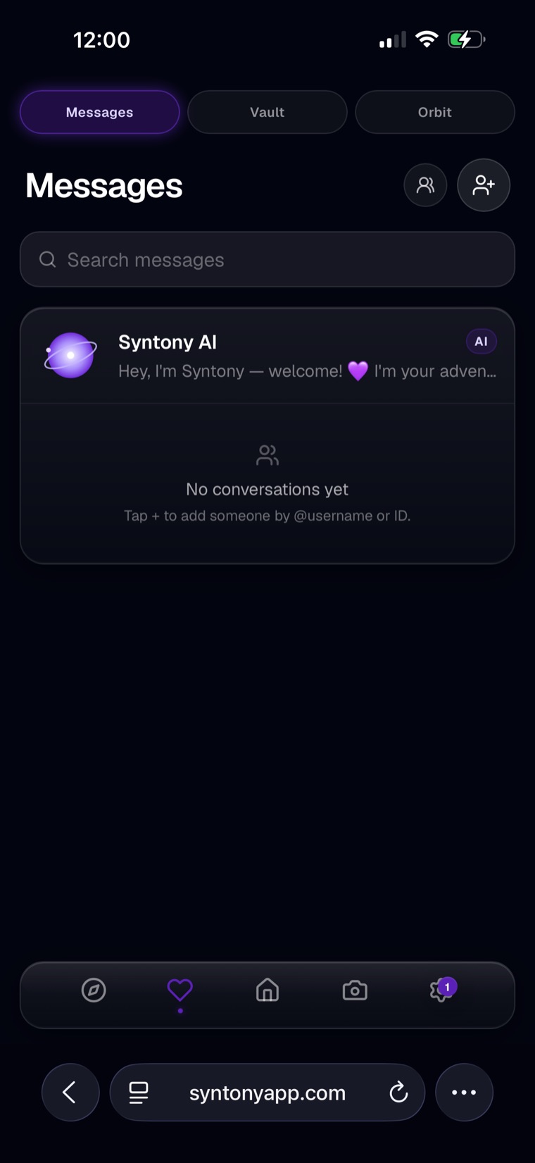 Syntony messages screen with a conversation from the Syntony AI companion