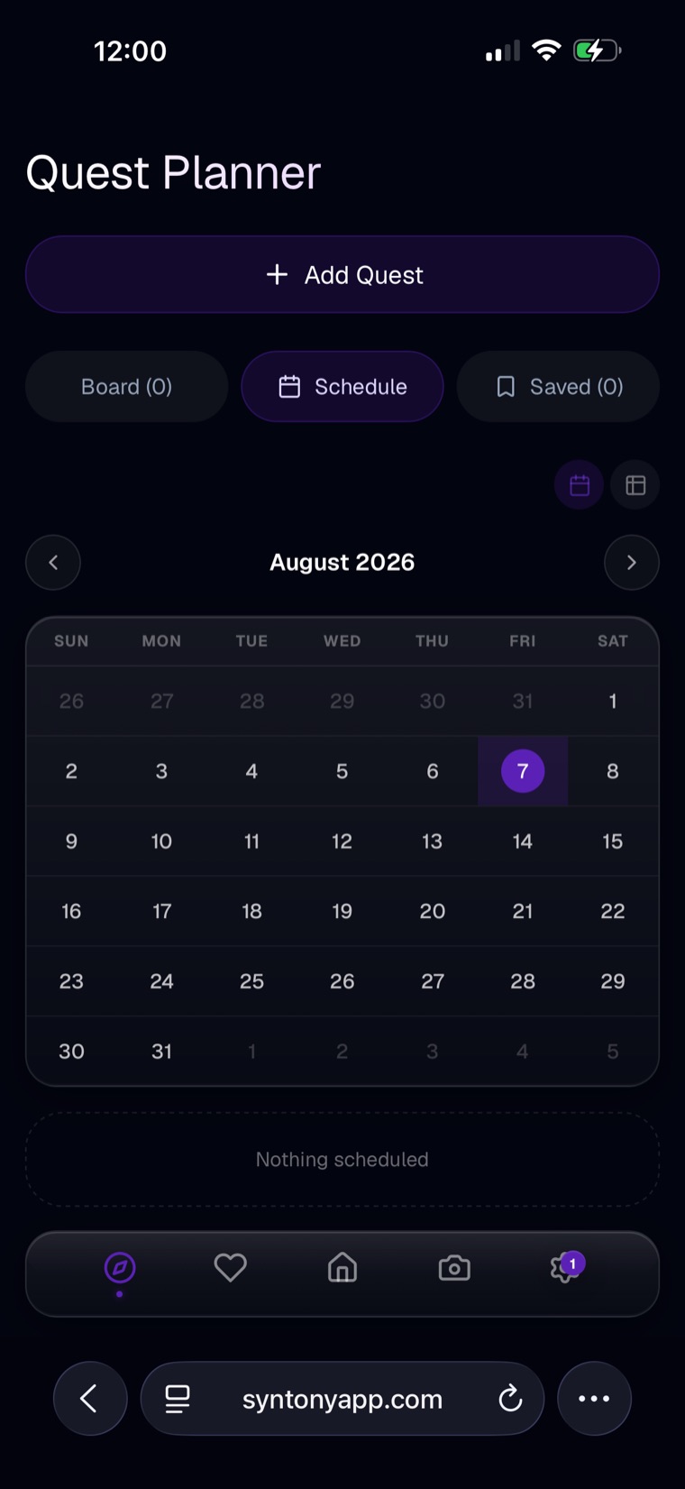 Syntony quest planner showing a monthly calendar for scheduling quests